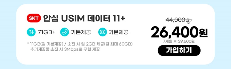 SKT 안심 USIM 데이터 11+ 데이터11GB+  통화기본제공  문자기본제공 *11GB(월 기본제공) / 소진 시 일 2GB 제공(월 최대 60GB) 추가제공량 소진 시 3Mbps로 무한 제공 26,400원 7개월 후 39,600원 가입하기