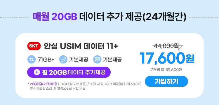 매월 20GB 데이터 추가 제공(24개월간) SKT 안심 USIM 데이터 11+ 71GB+ 기본제공 기본제공 44,000원 26,400원 7개월 후 39,600원 + 월 20GB 데이터 추가제공 * 20GB[추가데이터] + 11GB(기본제공) / 소진 시 일 2GB 제공(월 최대 60GB) 추가제공량 소진 시 3Mbps로 무한제공 가입하기