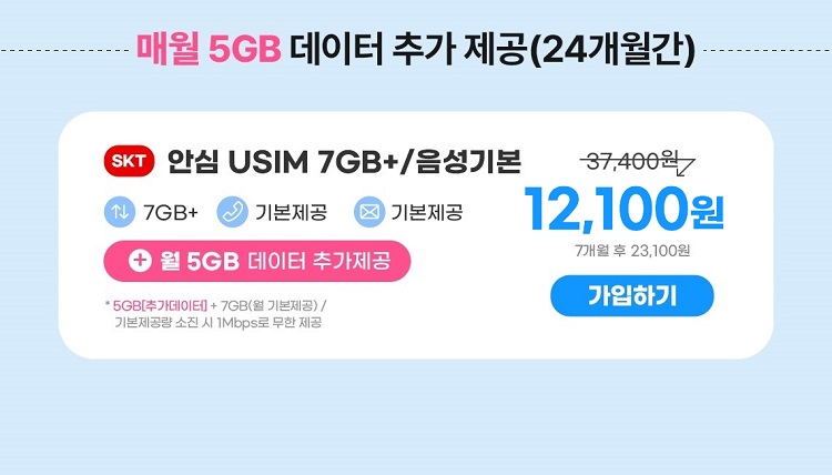 매월 5GB 데이터 추가 제공(24개월간) 안심 USIM 7GB+/음성기본 37,400원 7GB+ 기본제공 기본제공 +월 5GB 데이터 추가제공 5GB[추가데이터] + 7GB(기본제공)/ 기본제공량 소진 시 1Mbps로 무한 제공 13,200원 7개월 후 23,100원 가입하기