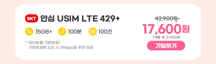 SKT 안심 USIM LTE 429+ 데이터 15GB+ 통화 100분 문자 100건 * 15GB(월 기본제공)기본제공량 소진 시 3Mbps로 무한 제공 11,000원 7개월 후 31,900원 가입하기