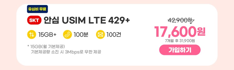 SKT 안심 USIM LTE 429+ 데이터 15GB+ 통화 100분 문자 100건 * 15GB(월 기본제공)기본제공량 소진 시 3Mbps로 무한 제공 11,000원 7개월 후 31,900원 가입하기