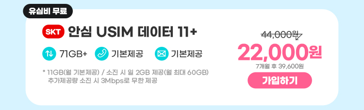 SKT 안심 USIM 데이터 11+ 데이터11GB+  통화기본제공  문자기본제공 *11GB(월 기본제공) / 소진 시 일 2GB 제공(월 최대 60GB) 추가제공량 소진 시 3Mbps로 무한 제공 17,600원 7개월 후 39,600원 가입하기